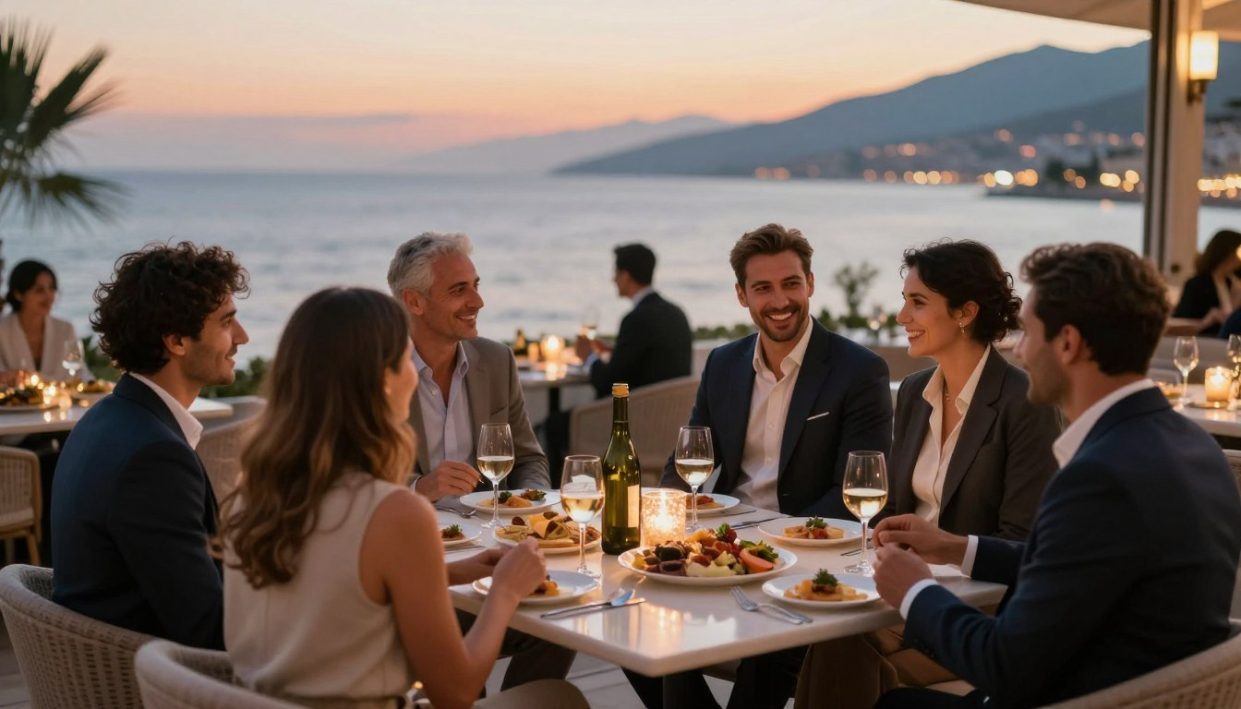 A luxurious group entertainment scene set in Alanya, showcasing an elegant gathering of professionals in a chic, upscale venue. In the foreground, diverse individuals dressed in stylish business attire enjoy engaging conversations, laughter, and drinks. The middle ground features a beautifully arranged table with gourmet food and fine wines, accentuated by shimmering candlelight. The background captures a stunning view of Alanya's coastline, with the sunset casting a warm glow over the sea. Soft, ambient lighting creates an inviting and exclusive atmosphere, while a faint bokeh effect adds depth to the scene. This visual epitomizes sophistication and relaxation, representing the experience offered by "alanya elit escort" for unforgettable group entertainment in Alanya.