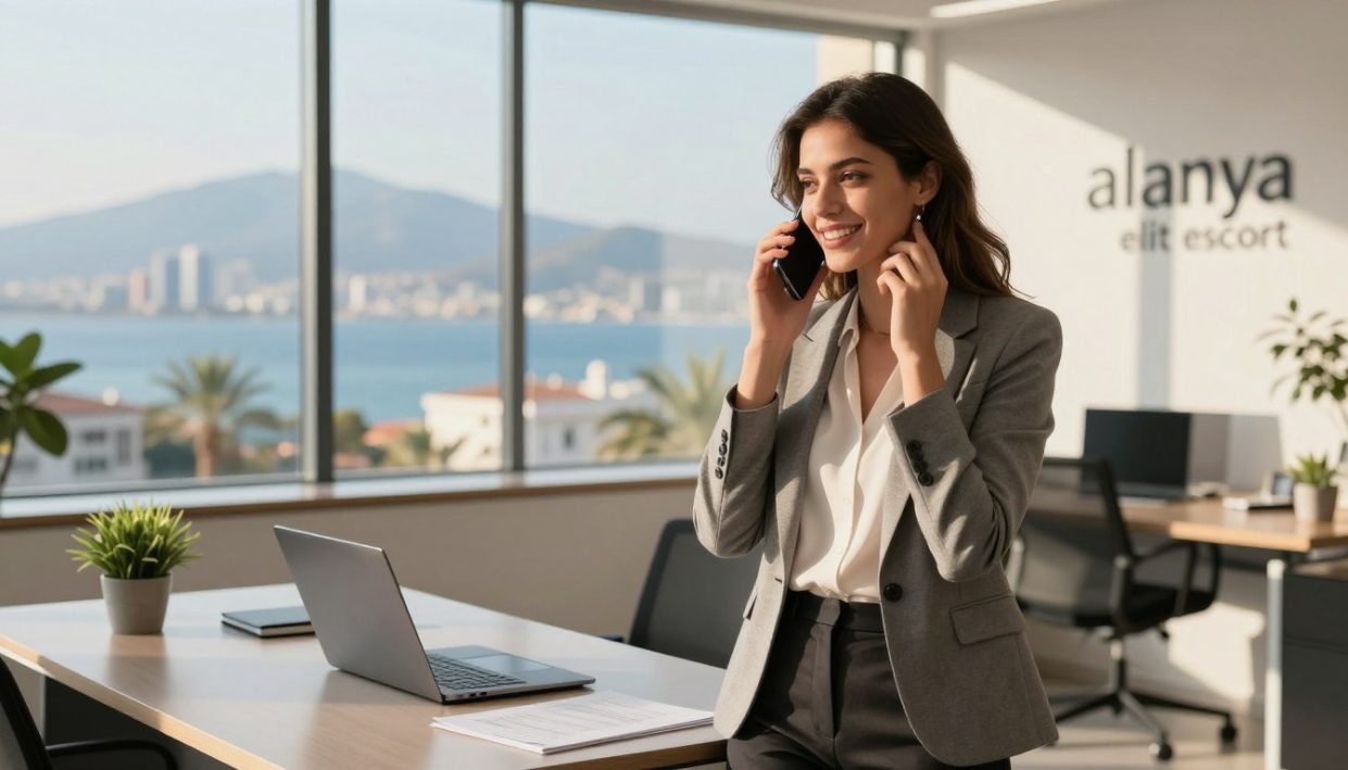 A modern, stylish office setting in Alanya, with a focus on professionalism and elegance. In the foreground, a young, confident woman dressed in business attire, like a tailored blazer and elegant blouse, is engaged in a friendly conversation on her smartphone, symbolizing communication. The middle ground features a sleek desk with a laptop, some paperwork, and a small potted plant, reflecting a contemporary work environment. In the background, a large window shows a sunny Alanya skyline with the Mediterranean Sea, casting warm natural light into the room, adding a bright, inviting atmosphere. The overall mood is sophisticated and approachable, showcasing the brand name "alanya elit escort" subtly in the decor without text elements. A modern, stylish office setting in Alanya, with a focus on professionalism and elegance. In the foreground, a young, confident woman dressed in business attire, like a tailored blazer and elegant blouse, is engaged in a friendly conversation on her smartphone, symbolizing communication. The middle ground features a sleek desk with a laptop, some paperwork, and a small potted plant, reflecting a contemporary work environment. In the background, a large window shows a sunny Alanya skyline with the Mediterranean Sea, casting warm natural light into the room, adding a bright, inviting atmosphere. The overall mood is sophisticated and approachable, showcasing the brand name "alanya elit escort" subtly in the decor without text elements.