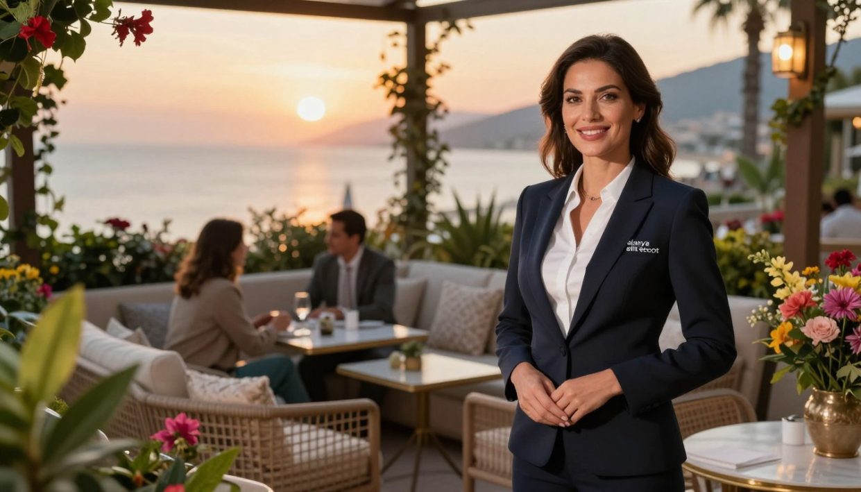 A picturesque scene showcasing the concept of professional escort services in Alanya, focusing on elegance and sophistication. In the foreground, a stylish, confident woman dressed in a chic business outfit stands with a warm smile, exuding professionalism. She possesses an air of elegance, framed by vibrant flowers and a lush garden that hints at the region's beauty. The middle ground features a cozy lounge area with tasteful decor, where subtle conversations and interactions occur, illustrating connection and comfort. In the background, the stunning Alanya coastline glimmers under a golden sunset, enhancing the relaxed and inviting atmosphere. Soft, warm lighting casts a flattering glow, while the angle is slightly elevated to capture both the subjects and the breathtaking scenery, portraying a sense of luxury and charm associated with "alanya elit escort" services, inviting readers to explore the possibilities.