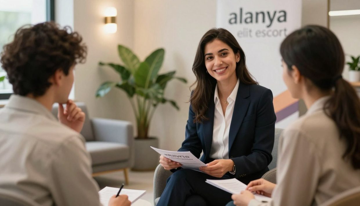 A professional and elegant scene depicting a friendly and informative atmosphere in an office setting, representing the "alanya elit escort" brand. In the foreground, a well-dressed female consultant with a warm smile is handing out brochures to a thoughtful client, both engaged in a friendly conversation. The consultant is in smart professional attire, and the client is wearing modest casual clothing. In the middle ground, tasteful decor featuring soft lighting illuminates an inviting waiting area with lush plants and modern furniture. The background includes a subtle display of elegant branding for "alanya elit escort" on a tasteful banner. The image should exude a sense of professionalism and comfort, with a soft-focus effect on the background to emphasize the interaction in the foreground, creating a welcoming atmosphere.