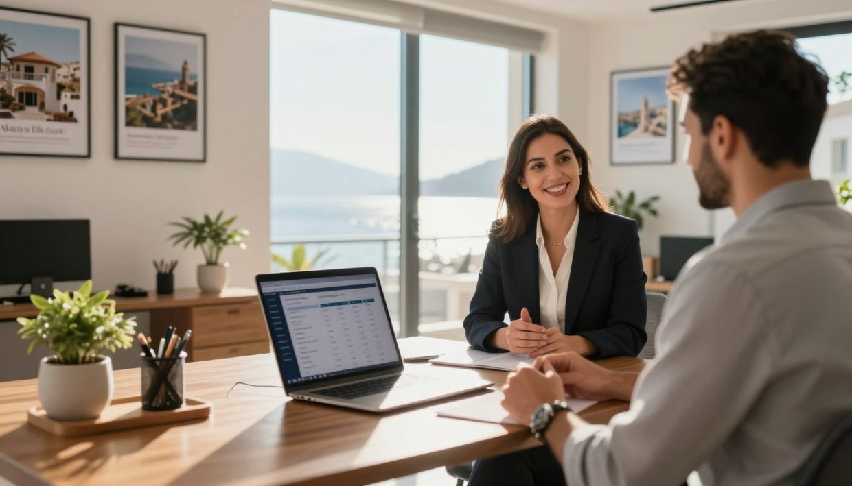 A professional and inviting scene showcasing "Alanya Elit Escort" services. In the foreground, a sleek, modern office space with a polished wooden desk, adorned with tasteful decor and a laptop displaying a financial overview of services. To the side, a friendly representative in smart business attire engages with a client in a conversation about pricing options. The middle ground features a large window with a view of Alanya's picturesque coastline, bright sunlight streaming in, creating a warm and welcoming atmosphere. The background includes framed images of luxury accommodations and services. Soft, natural lighting enhances the professionalism and accessibility of the scene. The overall mood is confident and reassuring, highlighting affordability and excellent service in the escort industry. A professional and inviting scene showcasing "Alanya Elit Escort" services. In the foreground, a sleek, modern office space with a polished wooden desk, adorned with tasteful decor and a laptop displaying a financial overview of services. To the side, a friendly representative in smart business attire engages with a client in a conversation about pricing options. The middle ground features a large window with a view of Alanya's picturesque coastline, bright sunlight streaming in, creating a warm and welcoming atmosphere. The background includes framed images of luxury accommodations and services. Soft, natural lighting enhances the professionalism and accessibility of the scene. The overall mood is confident and reassuring, highlighting affordability and excellent service in the escort industry.