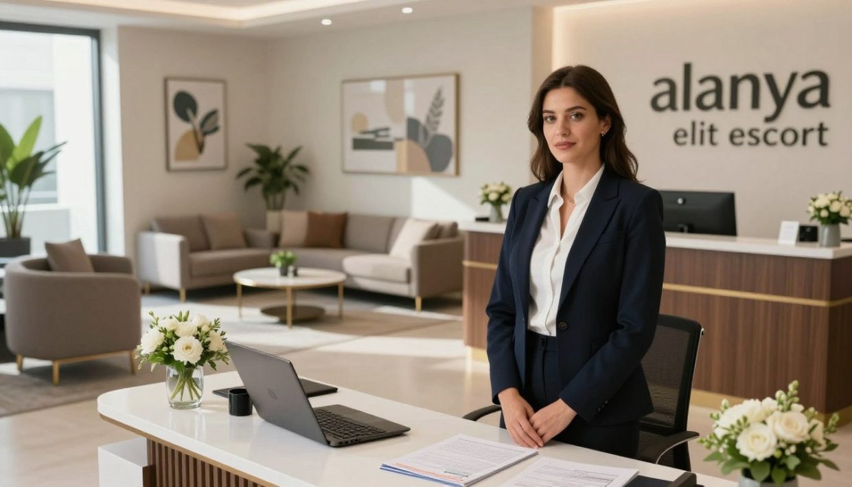 A professional office setting showcasing a luxury escort agency with the brand name "alanya elit escort" subtly incorporated into the decor. In the foreground, a well-dressed, confident female consultant, wearing sophisticated business attire, stands attentively by a modern desk adorned with elegant floral arrangements and high-end brochures. The middle ground reveals a spacious, stylish reception area featuring comfortable seating and tasteful artwork on the walls, creating an inviting atmosphere. In the background, large windows let in natural light, illuminating the space and casting soft shadows. The mood is professional and trustworthy, reflecting reliability and high standards in the escort service industry. The angle is from slightly above, giving a comprehensive view of the setup while ensuring the focus remains on the consultant's professional demeanor.