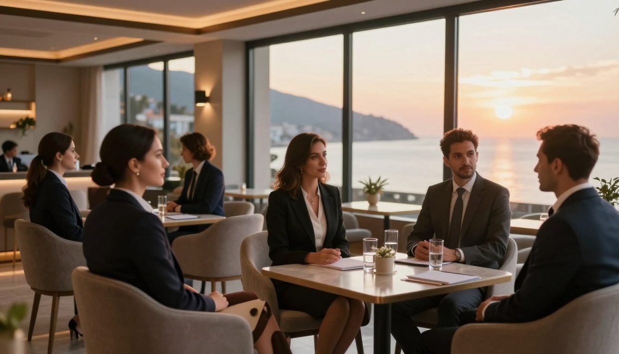 A professional setting showcasing the essence of "alanya elit escort" services. In the foreground, a group of elegantly dressed individuals in business attire, exuding confidence and sophistication, engaged in a respectful conversation. The middle ground features a sleek, modern lounge or café with tasteful decor, soft lighting creating a warm and inviting atmosphere. Behind them, panoramic windows reveal a stunning view of Alanya's coastal landscape, with the sun setting, casting a golden glow over the scene. The composition emphasizes professionalism, privacy, and a refined ambiance, capturing the essence of elite escort services in a classy yet discreet manner. The lighting is soft and flattering, enhancing the overall mood of trust and elegance. A professional setting showcasing the essence of "alanya elit escort" services. In the foreground, a group of elegantly dressed individuals in business attire, exuding confidence and sophistication, engaged in a respectful conversation. The middle ground features a sleek, modern lounge or café with tasteful decor, soft lighting creating a warm and inviting atmosphere. Behind them, panoramic windows reveal a stunning view of Alanya's coastal landscape, with the sun setting, casting a golden glow over the scene. The composition emphasizes professionalism, privacy, and a refined ambiance, capturing the essence of elite escort services in a classy yet discreet manner. The lighting is soft and flattering, enhancing the overall mood of trust and elegance.