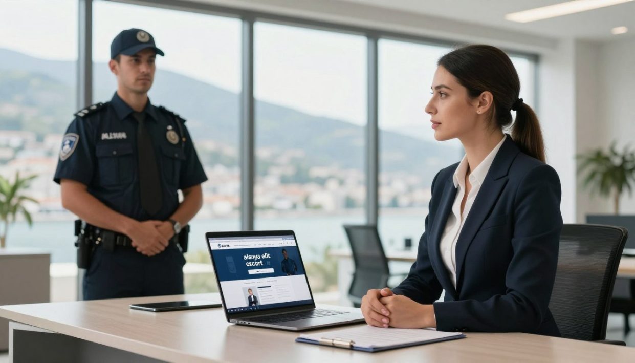 A professional setting showcasing the theme of safety and security in the context of escort services in Alanya. The foreground features a well-dressed woman in professional business attire, confidently discussing safety protocols with a security guard in a modern office environment. In the middle, a sleek desk with a laptop open to a website titled "alanya elit escort" adds relevance to the topic. The background displays large windows with a view of Alanya's scenic landscape, hinting at luxury and sophistication. Soft, natural lighting fills the room, creating an inviting and professional atmosphere. The image captures a sense of trust, professionalism, and the importance of safety measures in escort services, ensuring it resonates with the intended theme. A professional setting showcasing the theme of safety and security in the context of escort services in Alanya. The foreground features a well-dressed woman in professional business attire, confidently discussing safety protocols with a security guard in a modern office environment. In the middle, a sleek desk with a laptop open to a website titled "alanya elit escort" adds relevance to the topic. The background displays large windows with a view of Alanya's scenic landscape, hinting at luxury and sophistication. Soft, natural lighting fills the room, creating an inviting and professional atmosphere. The image captures a sense of trust, professionalism, and the importance of safety measures in escort services, ensuring it resonates with the intended theme.