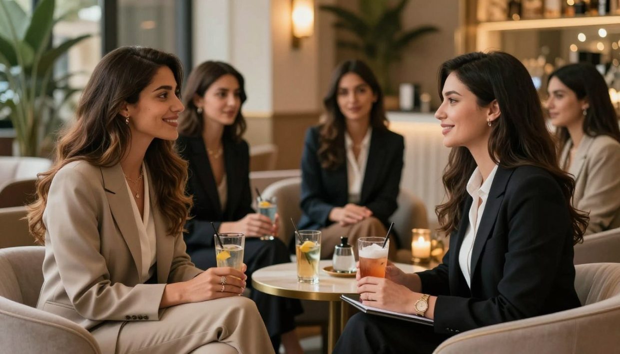 A serene and elegant scene set in a stylish Alanya lounge, showcasing a diverse group of professional women in chic business attire, reflecting both quality and comfort. In the foreground, a confident woman with long, flowing hair is engaged in a friendly conversation with a client, both smiling and enjoying each other's company. In the middle ground, other women sit comfortably with tasteful drinks, exuding an atmosphere of sophistication and hospitality. The background features softly lit decor with warm lighting that enhances the welcoming vibe of the space. The image should capture the essence of "alanya elit escort" with an emphasis on high standards and professionalism. Use a slightly blurred bokeh effect to create depth and focus on the main subjects, evoking a sense of luxury and warmth.