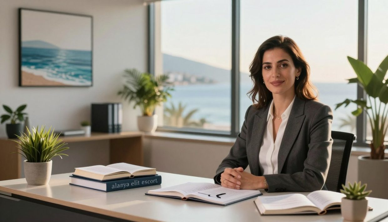 A serene and sophisticated office setting in Alanya, Turkey, configured for a Q&A session. In the foreground, a professional-looking woman in business attire, exuding confidence and warmth, sits at a sleek desk. She is surrounded by tasteful decor that reflects a coastal vibe, such as elegant sea-themed art and lush potted plants. In the middle ground, an assortment of open books and a stylish notepad appear, symbolizing frequently asked questions. The background features a large window showcasing a stunning view of Alanya's coast, bathed in soft, natural light of late afternoon. The atmosphere is inviting and professional, with a focus on discretion and sophistication, representing the brand "alanya elit escort." The image should evoke a sense of trust and professionalism, suitable for an informative article without any text or overlays. A serene and sophisticated office setting in Alanya, Turkey, configured for a Q&A session. In the foreground, a professional-looking woman in business attire, exuding confidence and warmth, sits at a sleek desk. She is surrounded by tasteful decor that reflects a coastal vibe, such as elegant sea-themed art and lush potted plants. In the middle ground, an assortment of open books and a stylish notepad appear, symbolizing frequently asked questions. The background features a large window showcasing a stunning view of Alanya's coast, bathed in soft, natural light of late afternoon. The atmosphere is inviting and professional, with a focus on discretion and sophistication, representing the brand "alanya elit escort." The image should evoke a sense of trust and professionalism, suitable for an informative article without any text or overlays.