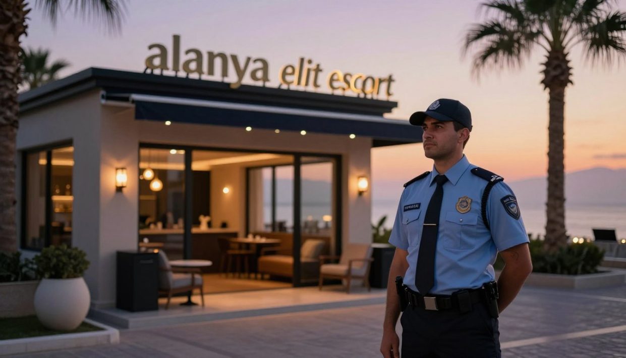 A serene and sophisticated scene illustrating security measures in Alanya's elite escort services. In the foreground, a professional-looking security guard in smart attire is stationed, attentively scanning the surroundings. The middle ground features a discreet but stylish establishment with elegant decor and dim ambient lighting, conveying a sense of luxury and safety. In the background, palm trees sway gently, hinting at Alanya's beautiful coastal landscape under a twilight sky painted in soft oranges and purples. The overall mood is calm and assured, reflecting a high standard of security in an upscale environment. Capture the essence of "alanya elit escort" with an emphasis on professionalism and discretion, utilizing a slightly blurred focus effect to highlight the guard.