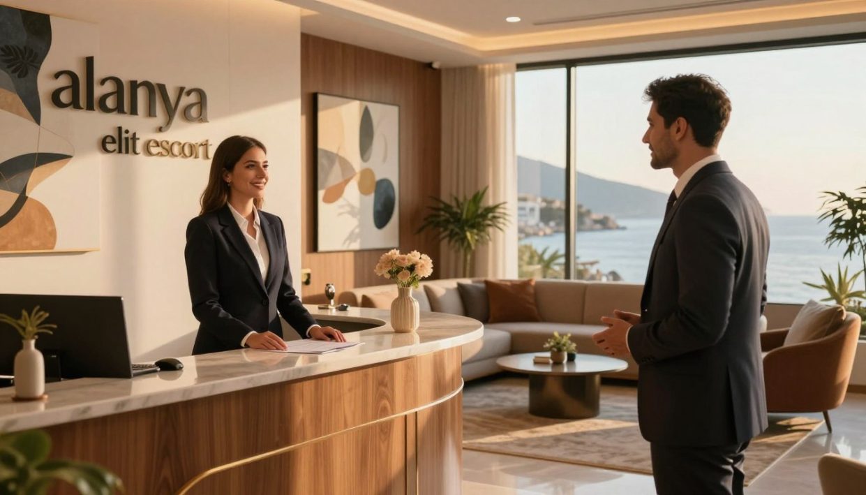 A sleek, modern office reception area representing "alanya elit escort", elegantly designed with polished wooden furniture and abstract art on the walls. In the foreground, a well-dressed male receptionist greets clients with a welcoming smile, dressed in a fitted suit. In the middle, a contemporary lounge area features tasteful decor, with plush seating and strategically placed soft lighting that creates an inviting, professional atmosphere. The background showcases a large window with a view of Alanya's stunning coastline, bathed in warm, golden afternoon light. The scene conveys a sense of privacy and professionalism, highlighting the prestigious nature of the elite escort agency. Focus on capturing the mood of luxury, comfort, and discretion. A sleek, modern office reception area representing "alanya elit escort", elegantly designed with polished wooden furniture and abstract art on the walls. In the foreground, a well-dressed male receptionist greets clients with a welcoming smile, dressed in a fitted suit. In the middle, a contemporary lounge area features tasteful decor, with plush seating and strategically placed soft lighting that creates an inviting, professional atmosphere. The background showcases a large window with a view of Alanya's stunning coastline, bathed in warm, golden afternoon light. The scene conveys a sense of privacy and professionalism, highlighting the prestigious nature of the elite escort agency. Focus on capturing the mood of luxury, comfort, and discretion.