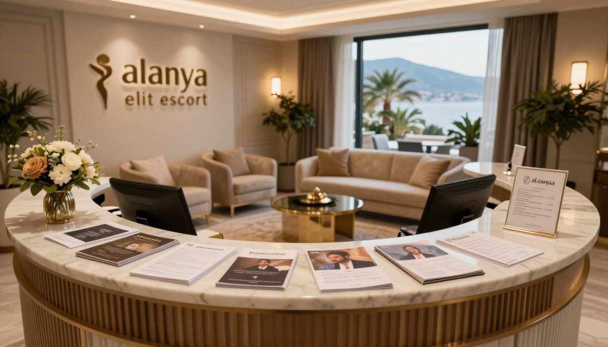 A sophisticated and elegant image showcasing a luxurious payment options area for "alanya elit escort." In the foreground, display a stylish reception desk adorned with tasteful decor, including a subtle floral arrangement and professional business materials such as brochures and payment method displays. In the middle, create an inviting seating area featuring plush chairs and a small table, suggesting a comfortable and upscale atmosphere. The background should depict soft lighting that creates a warm ambiance, perhaps with large windows revealing a glimpse of Alanya’s picturesque scenery, such as palm trees or distant mountains. Use a wide-angle lens effect to emphasize space and atmosphere, conveying a sense of exclusivity and professionalism. The overall mood should be one of discretion, luxury, and sophistication.