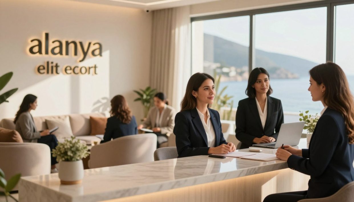 A sophisticated and elegant image showcasing a professional escort agency, "alanya elit escort". In the foreground, display a welcoming and stylish reception area with a polished desk and tasteful decor. Stylish business attire worn by a friendly, diverse team of agency representatives conveys professionalism and warmth. In the middle, subtly integrate seating areas designed for client discussions, with soft lighting creating an inviting atmosphere. The background features large windows overlooking scenic Alanya, with sunlight filtering through, casting soft shadows. Aim for a serene and upscale vibe, evoking trust and discretion, with an emphasis on the beauty of Alanya. Utilize a warm color palette, with emphasis on natural light and soft focus, enhancing the tranquil elegance of the agency's environment. A sophisticated and elegant image showcasing a professional escort agency, "alanya elit escort". In the foreground, display a welcoming and stylish reception area with a polished desk and tasteful decor. Stylish business attire worn by a friendly, diverse team of agency representatives conveys professionalism and warmth. In the middle, subtly integrate seating areas designed for client discussions, with soft lighting creating an inviting atmosphere. The background features large windows overlooking scenic Alanya, with sunlight filtering through, casting soft shadows. Aim for a serene and upscale vibe, evoking trust and discretion, with an emphasis on the beauty of Alanya. Utilize a warm color palette, with emphasis on natural light and soft focus, enhancing the tranquil elegance of the agency's environment.