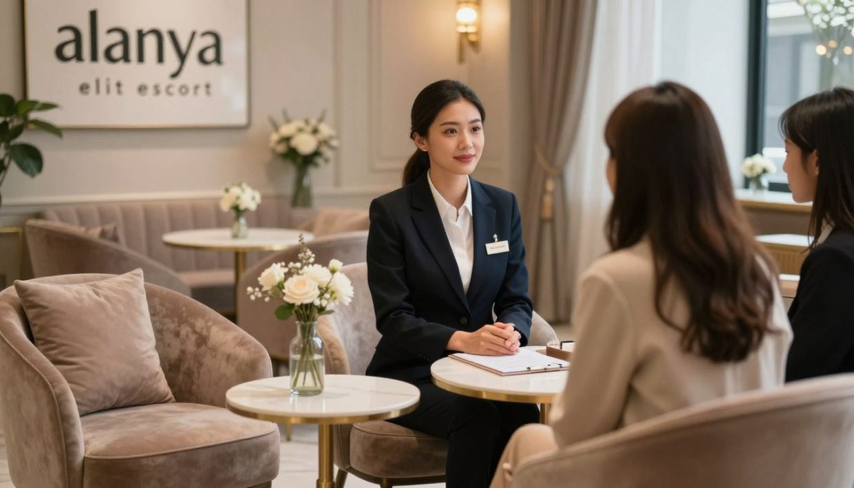 A sophisticated and elegant interior scene showcasing a professional escort service, emphasizing the "alanya elit escort" brand. Foreground features a tasteful seating area with plush chairs, a small elegant table, and decorative elements like flowers and art. The middle showcases a well-dressed professional woman in modest business attire, exuding confidence and charm, engaging with clients in a discreet and respectful manner. The background reveals soft, ambient lighting, with subtle hints of luxury through elegant decor like soft curtains and stylish accents. The atmosphere is welcoming yet exclusive, capturing the essence of privacy and professionalism. The angle focuses on the interaction between the woman and clients, creating an intimate yet public feeling without compromising discretion. A sophisticated and elegant interior scene showcasing a professional escort service, emphasizing the "alanya elit escort" brand. Foreground features a tasteful seating area with plush chairs, a small elegant table, and decorative elements like flowers and art. The middle showcases a well-dressed professional woman in modest business attire, exuding confidence and charm, engaging with clients in a discreet and respectful manner. The background reveals soft, ambient lighting, with subtle hints of luxury through elegant decor like soft curtains and stylish accents. The atmosphere is welcoming yet exclusive, capturing the essence of privacy and professionalism. The angle focuses on the interaction between the woman and clients, creating an intimate yet public feeling without compromising discretion.