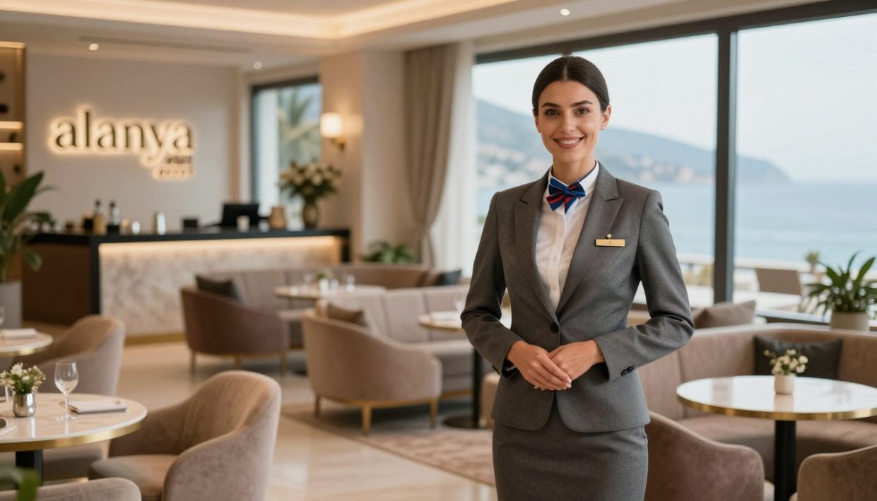A sophisticated and elegant scene depicting a professional escort setting in Alanya, Turkey. In the foreground, a well-dressed woman in a tailored business suit stands confidently, embodying professionalism and poise. She holds a welcoming smile, exuding an aura of trust and bespoke service. In the middle ground, an upscale lounge with tasteful decor, soft lighting, and plush seating creates a warm atmosphere. The background features a view of Alanya’s stunning coastline through large windows, suggesting an elite experience. The overall mood is refined yet inviting, highlighting the importance of etiquette and respectful interaction. Capture this image with soft focus and warm tones to enhance the sophisticated ambiance, using a wide-angle lens for depth. Include the brand name "alanya elit escort" subtly in the scene, ensuring a clean, professional presentation without any text or logos.
