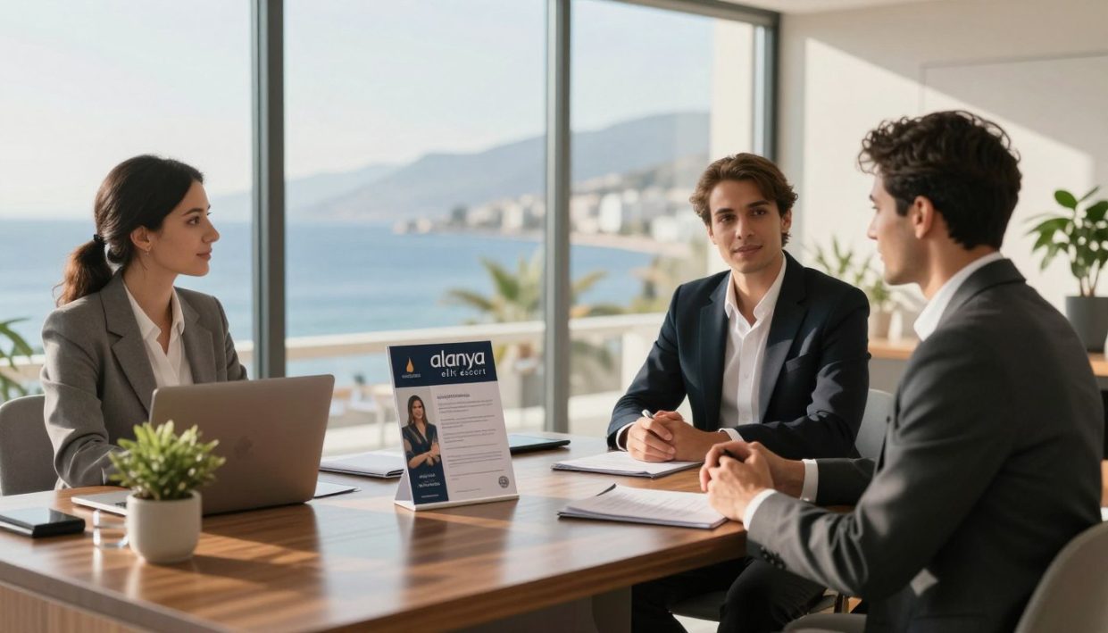A sophisticated and inviting scene featuring the "alanya elit escort" agency. In the foreground, depict a stylish office setting with a polished wooden desk and modern decor. Place professional individuals in business attire engaged in a friendly discussion, conveying a sense of trust and professionalism. In the middle ground, include a sleek brochure showcasing the agency's services, subtly hinting at their reliability. The background should feature large windows with a view of Alanya’s beautiful coastline, sunlit and serene, reflecting a warm atmosphere. Use soft, natural lighting to create an inviting mood. Capture the essence of elegance and professionalism, ensuring the environment feels welcoming and trustworthy.