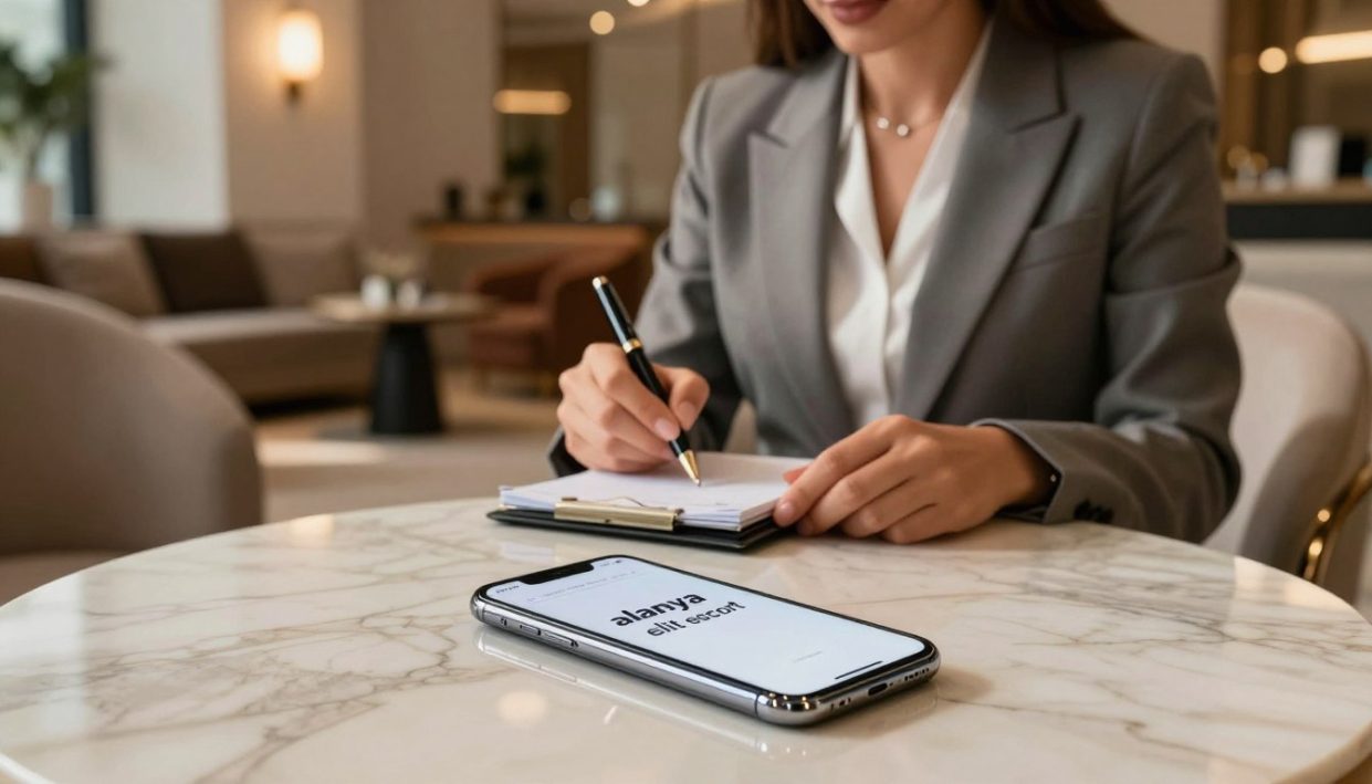 A sophisticated and inviting scene reflecting a professional escort reservation experience in Alanya. In the foreground, a sleek, elegantly designed smartphone rests on a polished marble table, displaying the brand name "alanya elit escort" on its screen. In the middle ground, a stylishly dressed businesswoman in a sharp blazer, with a confident demeanor, holds a luxurious pen while reviewing a reservation notebook. The background captures a chic, upscale lounge with warm lighting, exuding a sense of comfort and exclusivity. Soft shadows dance across the modern furnishings, and sleek decorative elements enhance the ambience. The overall mood is professional and refined, conveying a sense of discretion and class in the escort reservation process.