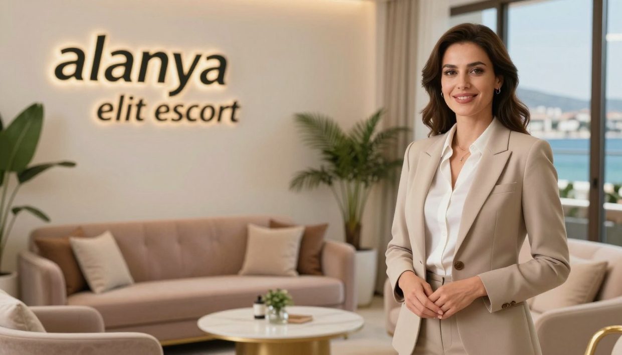 A sophisticated scene depicting the essence of choosing high-quality escort services in Alanya, specifically highlighting the concept of "alanya elit escort." In the foreground, a confident professional woman dressed in elegant business attire stands with a welcoming smile, exuding an aura of trust and sophistication. In the middle ground, a tasteful, well-lit consulting space with plush seating, decorative plants, and soft colors creates an inviting atmosphere. In the background, hints of Alanya's beautiful architecture and coastline can be subtly seen through large windows, adding a sense of location. The lighting is warm and soft, creating an intimate yet professional mood. A cinematic angle captures the inviting essence of the decision-making space, emphasizing professionalism and quality.