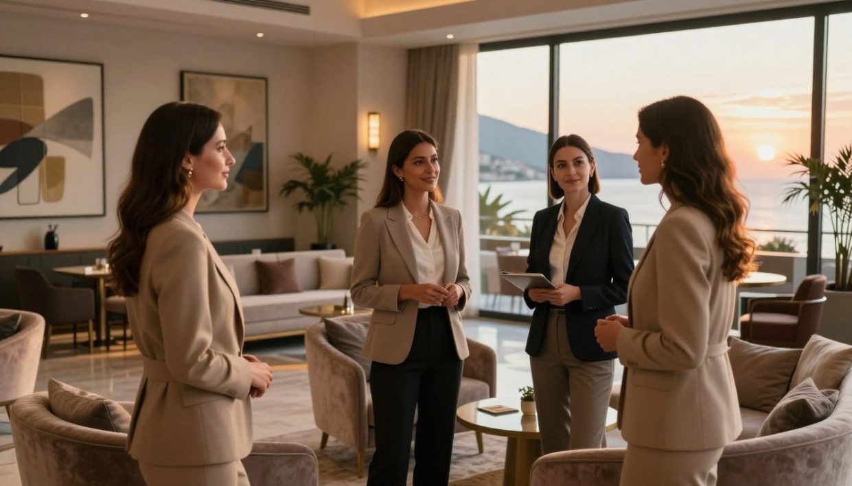 A sophisticated scene set in a luxurious hotel lobby in Alanya, showcasing an elegant group of professional companions from "alanya elit escort". In the foreground, three well-dressed women in modest yet stylish business attire are engaging in conversation, exuding charm and poise. The middle ground features plush seating and tasteful decor, including contemporary art pieces on the walls. In the background, large windows reveal a stunning view of Alanya's coastline at sunset, the golden hour casting warm light and creating a welcoming atmosphere. Utilize soft, diffused lighting to enhance the inviting ambiance, shot from a slight high angle to capture both the characters and the exquisite surroundings, evoking a mood of sophistication and discretion. A sophisticated scene set in a luxurious hotel lobby in Alanya, showcasing an elegant group of professional companions from "alanya elit escort". In the foreground, three well-dressed women in modest yet stylish business attire are engaging in conversation, exuding charm and poise. The middle ground features plush seating and tasteful decor, including contemporary art pieces on the walls. In the background, large windows reveal a stunning view of Alanya's coastline at sunset, the golden hour casting warm light and creating a welcoming atmosphere. Utilize soft, diffused lighting to enhance the inviting ambiance, shot from a slight high angle to capture both the characters and the exquisite surroundings, evoking a mood of sophistication and discretion.