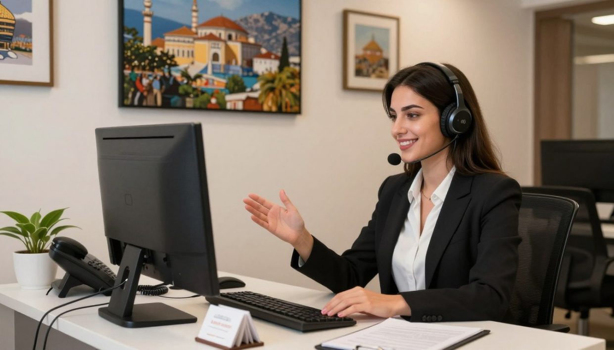 A stylish and elegant contact center representing "alanya elit escort" services in Alanya, Turkey. In the foreground, a well-organized desk with a modern computer, a telephone, and neatly arranged business cards. A friendly, professional female in business attire sits at the desk, smiling and gesturing as if assisting clients. In the middle background, a tasteful wall displays art that reflects the culture of Alanya, enhancing a welcoming atmosphere. The lighting is soft and inviting, emphasizing a sense of professionalism and comfort. The image captures a serene yet vibrant environment, suggesting ease of communication for clients seeking escort services in Alanya. The overall mood is warm, safe, and approachable, inviting viewers to engage and connect.