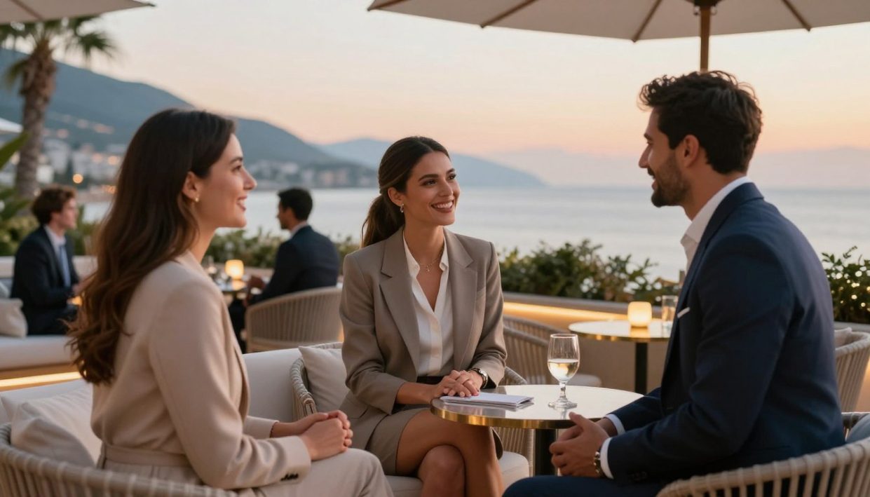 A vibrant scene showcasing a professional, upscale environment in Alanya, where a group of elegantly dressed individuals are engaging in lively conversation and laughter. In the foreground, three well-groomed individuals (two women in stylish business attire and one man in a tailored suit) are enjoying a joyous moment. In the middle ground, there are luxurious lounge seating and softly glowing ambient lighting, creating an inviting atmosphere. The background features the stunning Alanya coastline, with a sunset casting warm hues across the sky. Capture the essence of sophistication and professionalism, reflecting the essence of the "alanya elit escort" brand. Use soft-focus and natural light to enhance the atmosphere, while ensuring all subjects maintain an elegant and respectful demeanor.