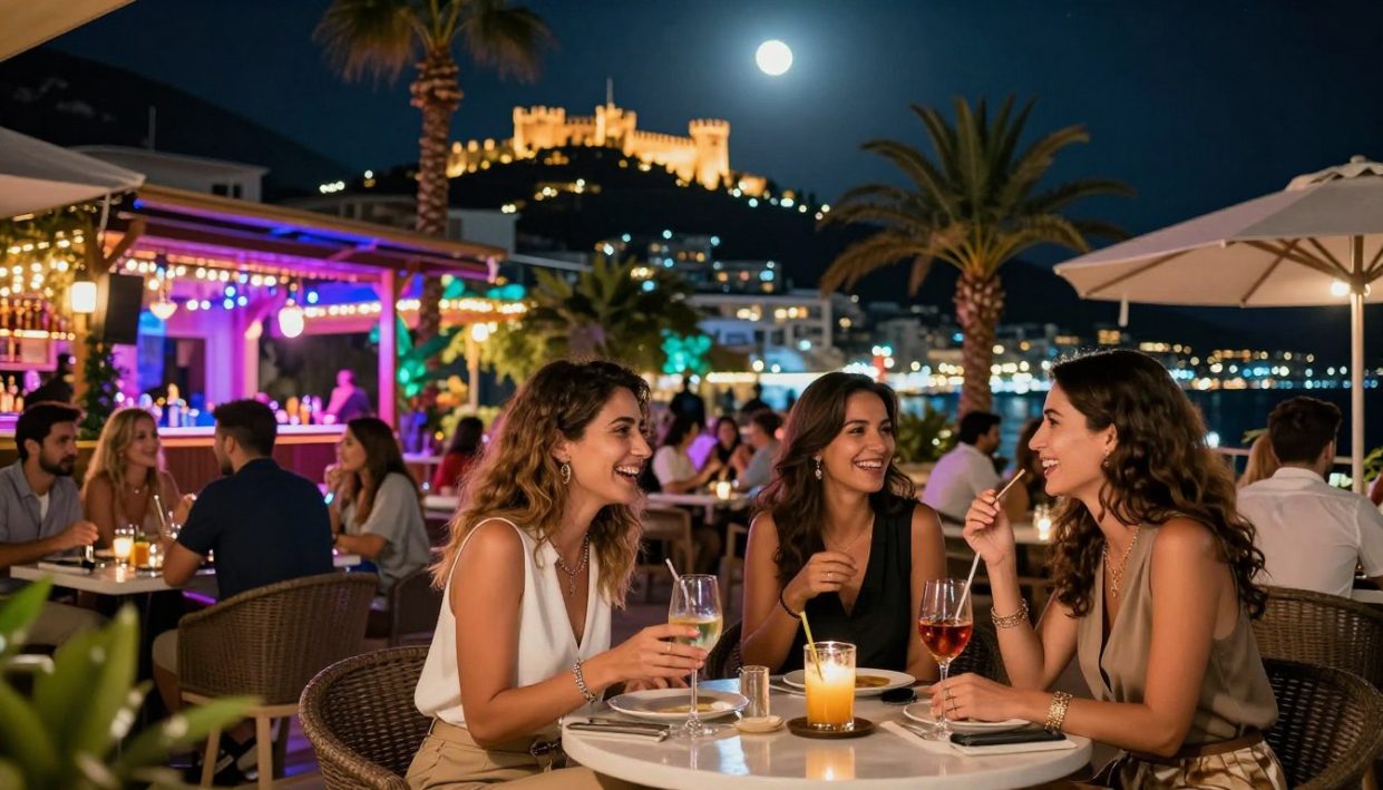 A vibrant view of Alanya's nightlife, showcasing a stylish outdoor cafe bustling with energetic conversations. In the foreground, two elegant women in sophisticated outfits are laughing and enjoying drinks, embodying the essence of socializing in a lively atmosphere. The middle ground features a variety of colorful lights from nearby bars and restaurants, contributing to a festive ambiance, while palm trees sway gently under the moonlight. The background reveals the stunning silhouette of Alanya's historic castle lit up at night, adding depth to the scene. The lighting is soft yet vibrant, capturing the warmth and allure of a bustling night out. Emphasize the brand "alanya elit escort," evoking a sense of luxury and sophistication in both the setting and the people.