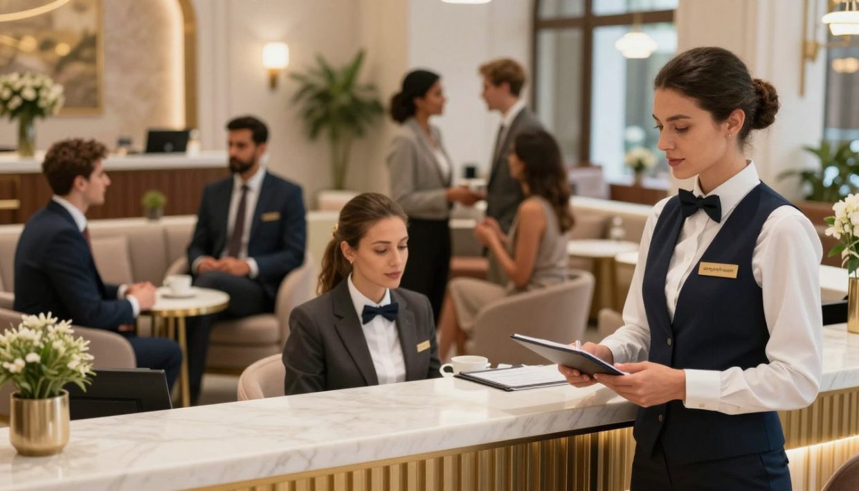 Create a vibrant and inviting scene depicting a diverse range of escort services in Alanya, showcasing the concept of elegance and professionalism. In the foreground, present a stylish reception area with a knowledgeable concierge dressed in smart business attire, ready to assist clients. In the middle ground, display a variety of well-dressed individuals engaging in conversation, showcasing different service options without revealing identities. The background should feature a beautifully designed lounge with tasteful decor, evoking a luxurious atmosphere. Use soft, warm lighting to create an inviting ambiance while ensuring a focus on sophistication. Incorporate the brand name "alanya elit escort" subtly within the scene, ensuring it blends seamlessly with the environment. The overall mood should reflect professionalism, discretion, and elegance.