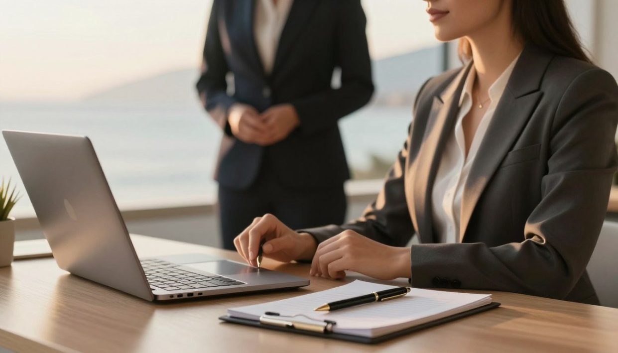 Create an elegant and inviting image showcasing a sophisticated setting that symbolizes trust and professionalism, reflecting "Alanya elit escort". In the foreground, depict a tasteful arrangement of a well-organized desk with a laptop, a notepad, and a pen, suggesting research and planning. In the middle ground, place a well-dressed individual in professional attire, perhaps a woman in a smart blazer, showcasing confidence and approachability. The background should feature a soft-focus view of the beautiful Alanya coastline, bathed in warm, golden sunlight, enhancing the serene atmosphere. Employ soft, natural lighting to create warmth and comfort, capturing a mood of discretion and reliability essential for escort research. Ensure all elements reflect a sense of professionalism and trustworthiness. Create an elegant and inviting image showcasing a sophisticated setting that symbolizes trust and professionalism, reflecting "Alanya elit escort". In the foreground, depict a tasteful arrangement of a well-organized desk with a laptop, a notepad, and a pen, suggesting research and planning. In the middle ground, place a well-dressed individual in professional attire, perhaps a woman in a smart blazer, showcasing confidence and approachability. The background should feature a soft-focus view of the beautiful Alanya coastline, bathed in warm, golden sunlight, enhancing the serene atmosphere. Employ soft, natural lighting to create warmth and comfort, capturing a mood of discretion and reliability essential for escort research. Ensure all elements reflect a sense of professionalism and trustworthiness.