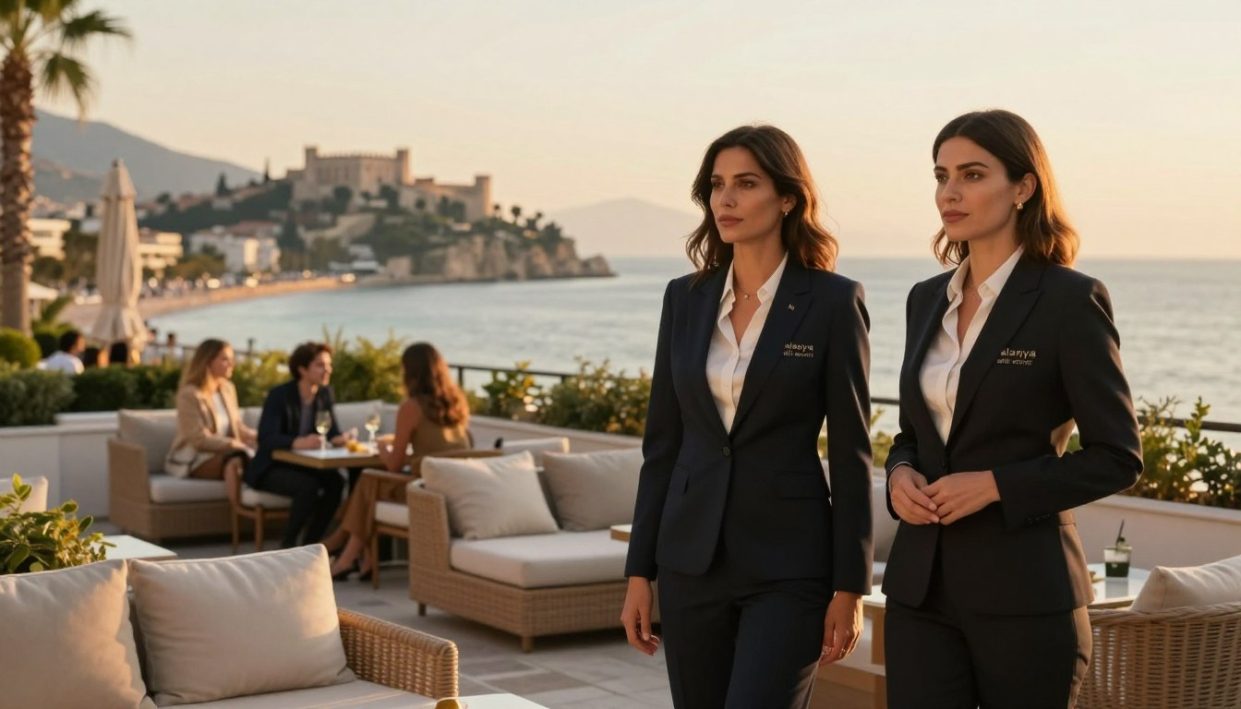 Create an elegant and sophisticated image depicting professional female escorts in Alanya, showcasing the essence of "alanya elit escort." In the foreground, feature two women dressed in stylish business attire, exuding confidence and poise, standing against a beautifully landscaped terrace with ocean views. In the middle ground, include tasteful lounge furniture with soft cushions, where guests may relax. In the background, capture the stunning Alanya coastline with its iconic castle in the distance, bathed in warm golden sunset light, enhancing the inviting atmosphere. The scene should have soft, diffused lighting to create a welcoming and refined mood. Use a shallow depth of field to draw focus on the individuals while softly blurring the surroundings, evoking a sense of exclusivity and elegance.