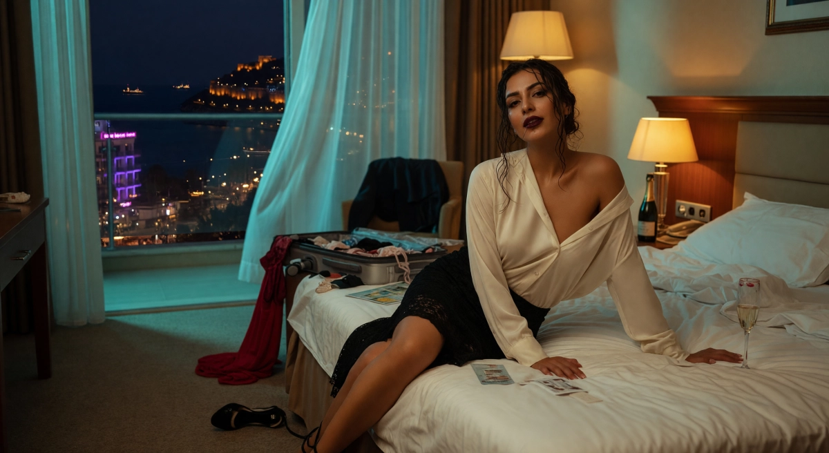 Alanya Kleopatra semtinde escort Lena ile otel odası sahnesi